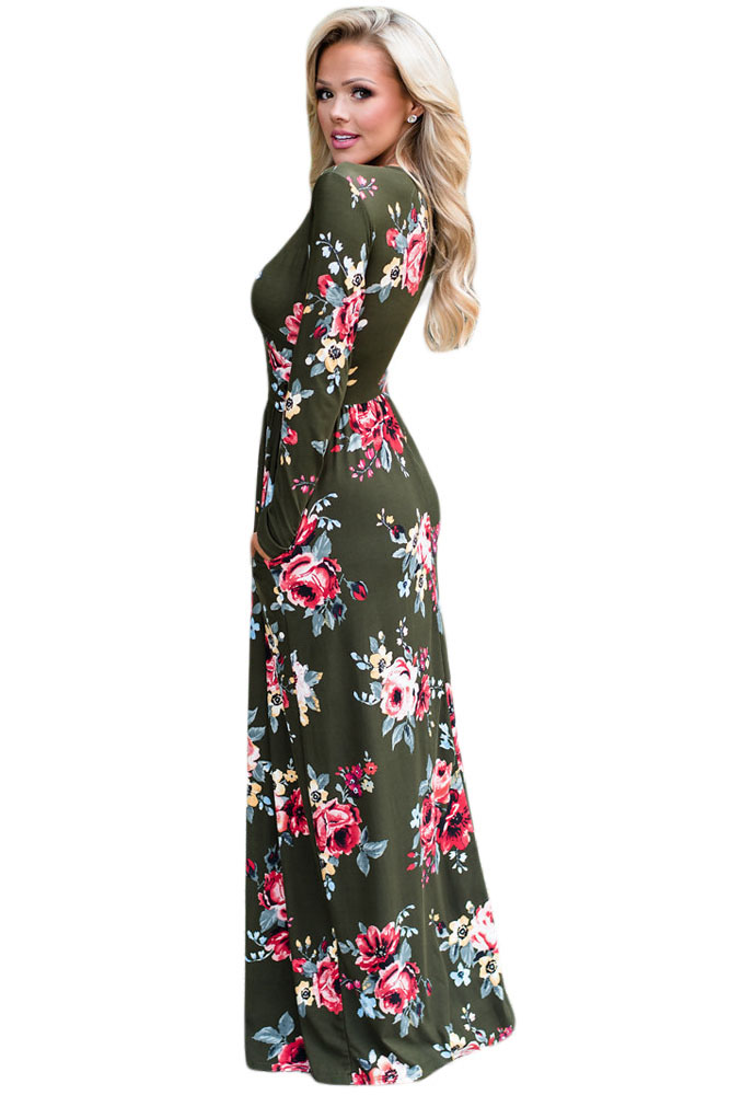 BY61772-9 Olive Floral Surplice Long Sleeve Maxi Boho Dress